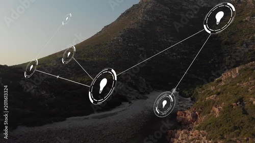 HUD node network starting with main node appearing, linking and growing to show flow over ravine