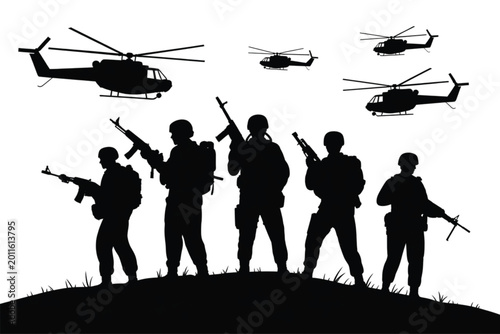 Soldiers and Helicopters Silhouette on Hill military