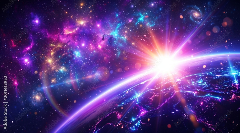 Obraz premium Vibrant nebula and glowing planet in deep space