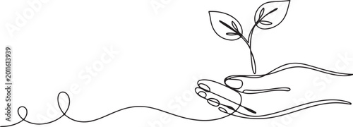 Single line drawing of a hand holding a sprouting plant