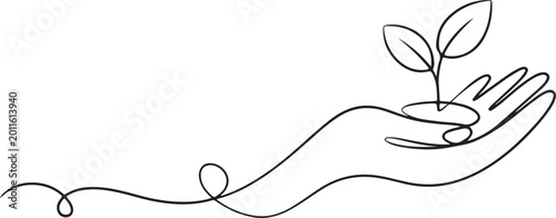 Hand holding a growing seedling in continuous line art