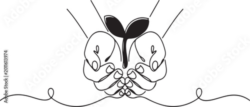 Two hands holding a sprouting seedling in continuous line art