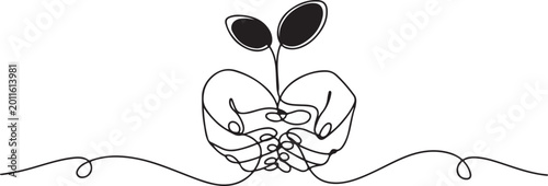 Cupped hands holding a sprouting seedling in continuous line art