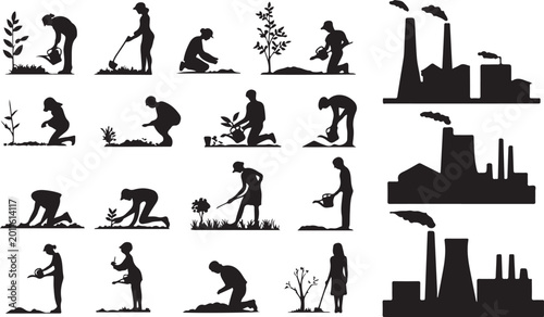 Silhouettes of Gardening and Industrial Scenes planting