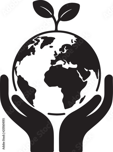 Hands Holding Earth with Sprouting Leaves Icon Keywords: hands, holding, earth, globe, planet