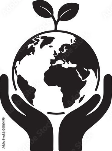 Hands holding globe with sprouting plant earth world