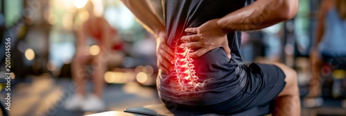 Athlete with lower back pain sitting on a gym bench in sportswear inside a bright fitness center now