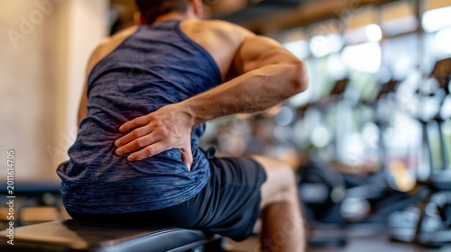 Athlete with lower back pain sitting on a gym bench in sportswear inside a bright fitness center now
