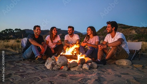 Group of Young Adults Enjoying Campfire at Night