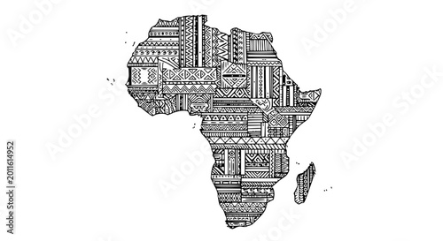 Foto African continent map with tribal patterns, black and white design, isolated on white background