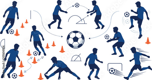 Tableau sur toile Blue silhouettes of children practicing soccer technical drills including ball control dribbling through cones and team coaching strategy icons