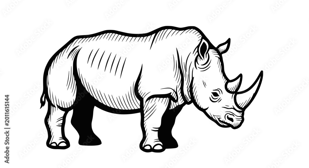 Fototapeta premium Black and White Illustration of a Rhinoceros Standing on a White Background