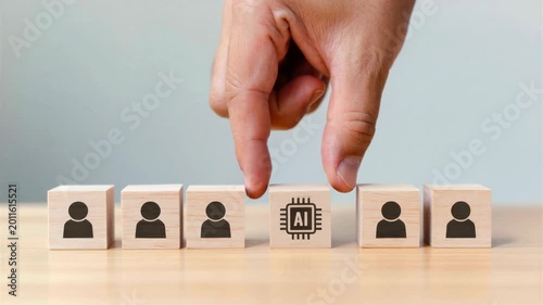 Hand placing AI block among human worker cubes, artificial intelligence replacing jobs in office, algorithmic decision making impact, generative automation disruption, workforce reskilling banner