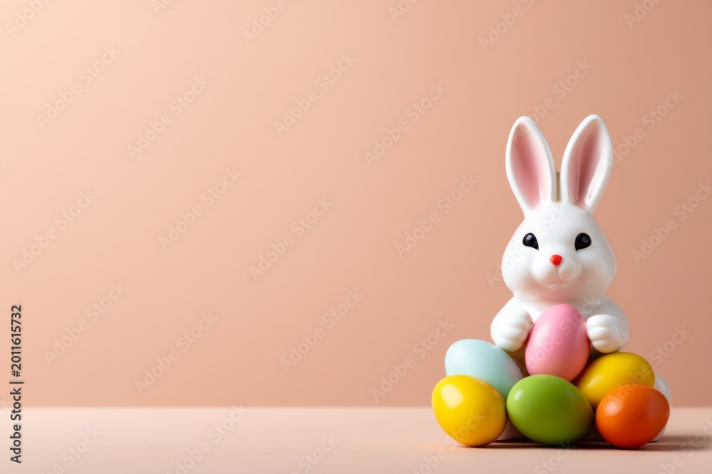 Obraz premium Elegant Easter Bunny Figurine Holding Pastel Eggs on Soft Background for Spring Decor