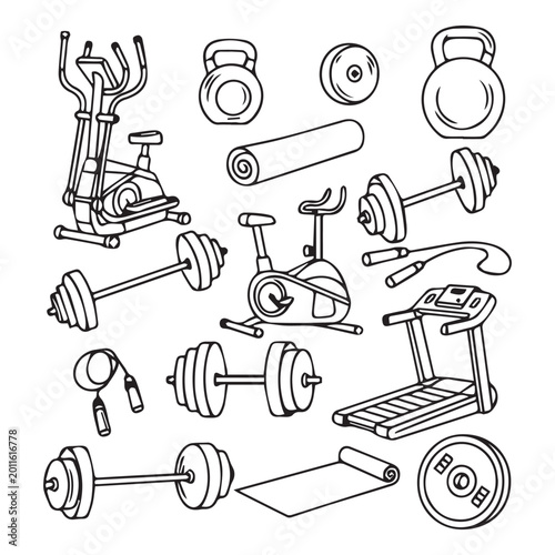 Hand drawing style of fitness set vector. It is suitable for healthy life icon, sign or symbol.