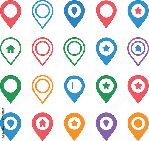 Map pin icons: location markers navigation pointers place symbols in various colors location navigation destination direction collection illustration abstract
