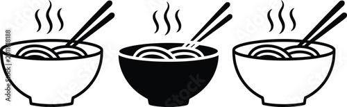 Quadro su tela Three bowls of steaming noodle soup with chopsticks