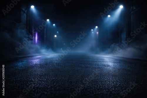 Foggy Night Street With Blue Lamps And Wet Pavement