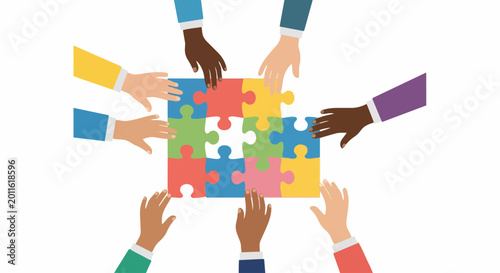 Multicultural Teamwork and Collaboration Concept with Diverse Hands Assembling a Colorful Jigsaw Puzzle for Business Success and Unity