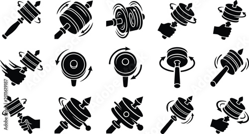 Obraz na płótnie Black Silhouette Icons of Spinning Prayer Wheels in Motion tibetan buddhism