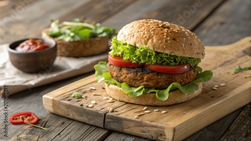 A fresh veggie burger with lettuce, tomato, and a sesame seed bun on a wooden board, ready to be served.