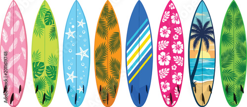Foto Colorful Surfboard Collection with Tropical Floral and Beach Patterns Hand Drawn