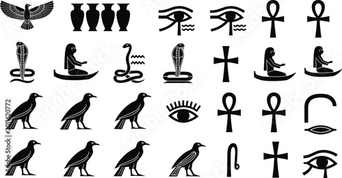 Canvas Print Egyptian Hieroglyph Icon Collection Featuring Birds, Cobras, Eyes, Ankhs, Humans