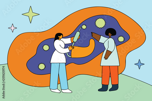 Scientists in a lab coat experiment with a syringe and glowing microorganisms, surrounded by abstract shapes and stars, representing scientific research and discovery in a stylized setting.