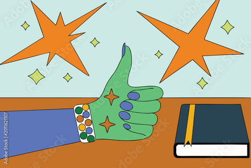 Green hand giving thumbs up with blue sleeve and bracelet, sparkling stars and geometric shapes, near a book on wooden desk.