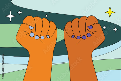 Two raised fists showing solidarity and social justice advocacy in colorful illustration depicting empowerment and equality with stars representing hope for bright future of humanity and civil rights.