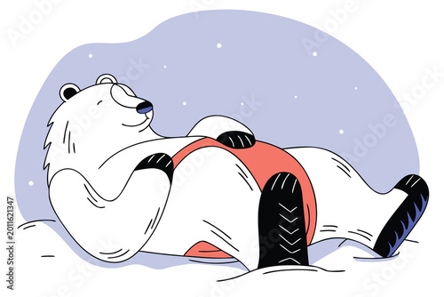 Happy polar bear mascot illustration resting comfortably on snowy ground under blue sky with falling snow arctic wildlife character design for winter season branding marketing materials projects.