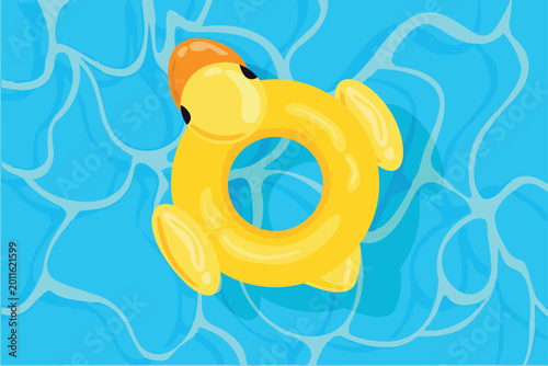 Rubber duck for the summer pool. A set of lifebuoys for swimming on a blue background with highlights. Inflatable rubber toy for water and beach. Professional vector.