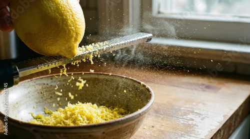 Close-up of a hand zesting a fresh lemon over a ceramic bowl, creating fine yellow zest for cooking or baking.