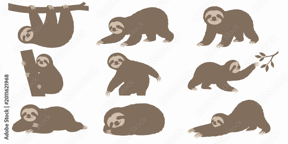 Fototapeta premium Brown sloth silhouettes hanging and lying in various relaxed positions