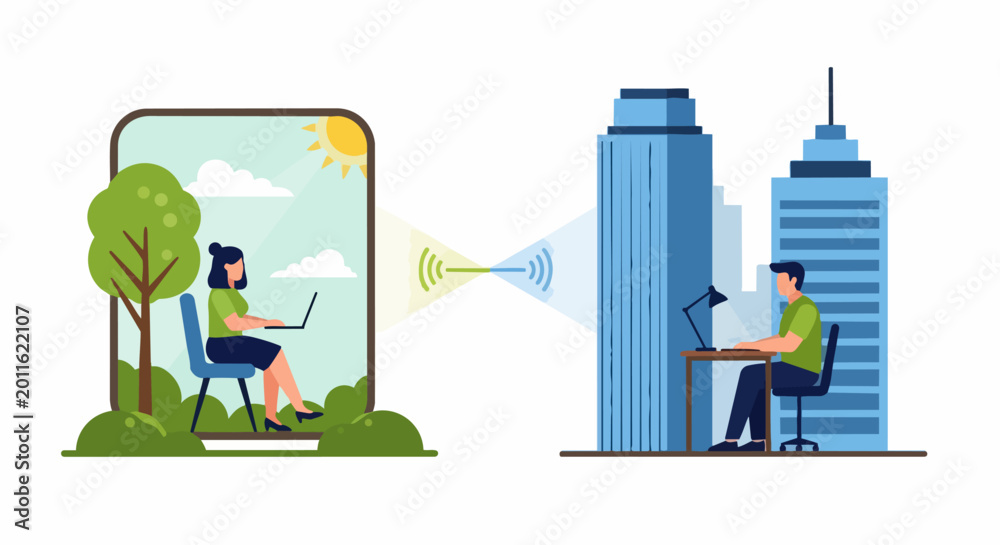 Fototapeta premium Remote Work and Global Connectivity Flat Vector Illustration with People Working in Nature and Office