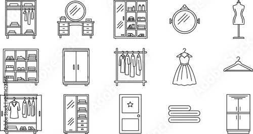 Tableau sur toile Wardrobe and Clothing Storage Icon Set with Closets, Mirrors, Hangers, Dressers,