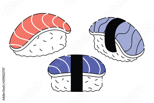 Assortment of three sushi pieces; salmon, and two with blue fish topping, served on white rice with decorative bands.