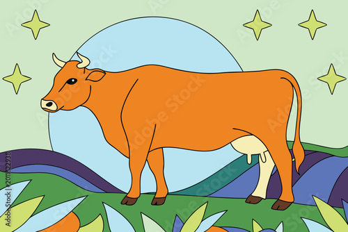 Detailed illustration of orange cow standing in field with rolling hills and large circular moon backdrop under starry sky surrounded by stylized plants and glowing stars for farm life concept art.