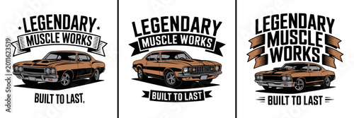 Canvastavla Three vintage muscle car badge designs with classic lettering styles