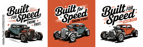 Konstfotografi Vintage hot rod muscle cars with built for speed text designs