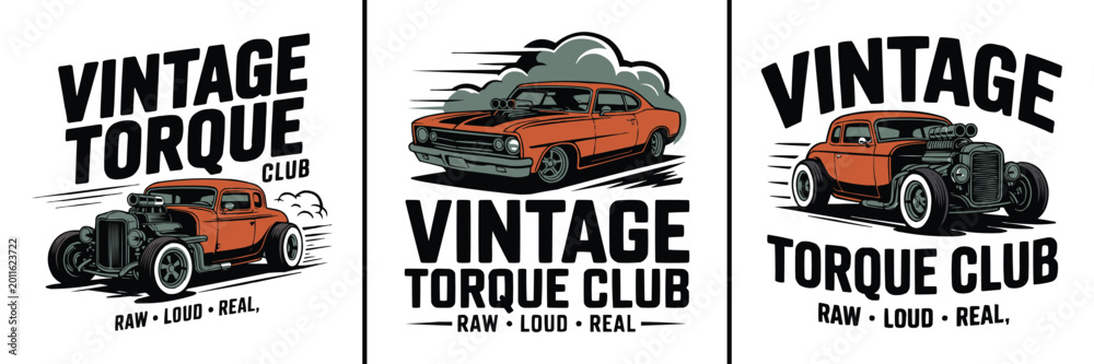Obraz premium Three vintage torque club logo designs featuring classic hot rod cars