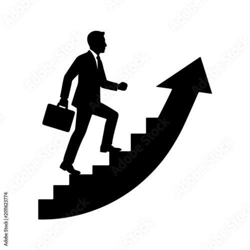 Businessman Walking Up Stairs Towards Success Arrow