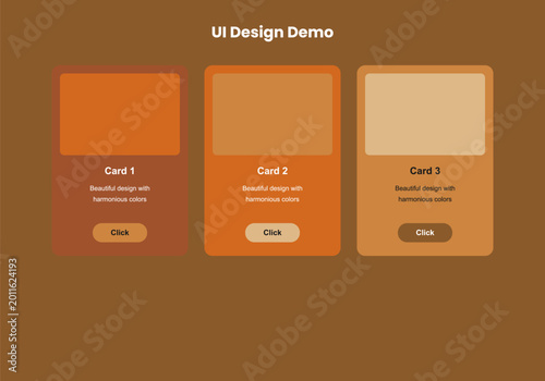 Modern UI design demo featuring three cards in a harmonious earthy color palette. Clean layout with buttons and placeholder text on a brown backdrop.