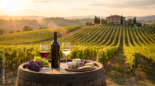 Tuscany Vineyard Sunset with Wine and Cheese Tasting on Wooden Barrel: Red and White Wine Glasses, Grapes, and Charcuterie Board Against Scenic Italian Hillside and Villa Landscape Background