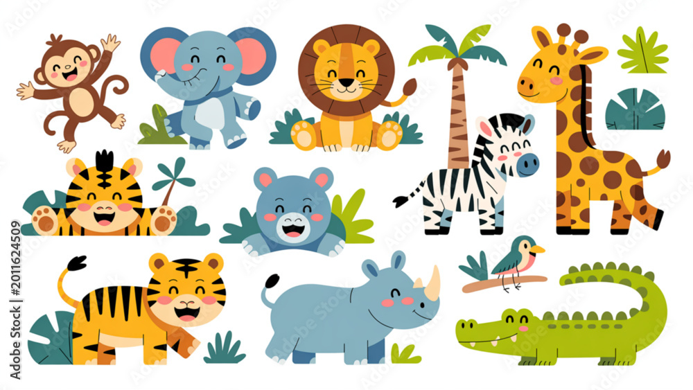 Naklejka premium Playful Jungle Animal Characters Pack Cute Safari Creatures in Fun Poses with Tropical Elements