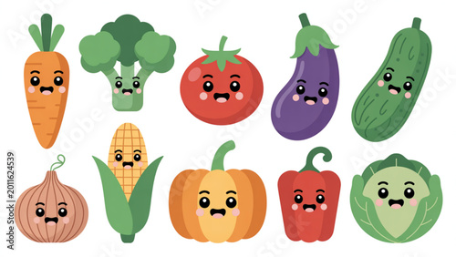Kids Education Vegetable Illustration Set  Kawaii Plant Food Characters with Learning Elements