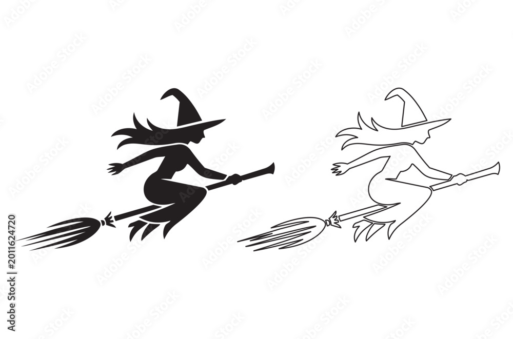 Fototapeta premium Witch Silhouette On Broomstick Black And White Line Art