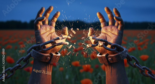 Hands breaking metal chains in a poppy field at dusk, symbolizing freedom, release, and overcoming obstacles, representing liberation and new beginnings.