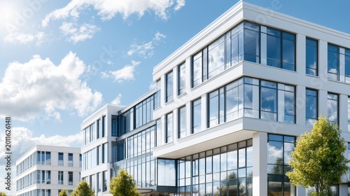 Modern office building exterior, corporate architecture, business center concept.