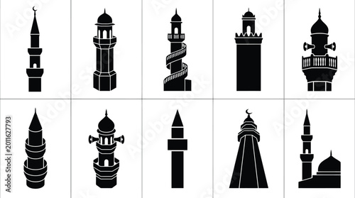 Bild auf Leinwand Collection of Black Silhouette Icons of Islamic Minarets and Towers mosque archi